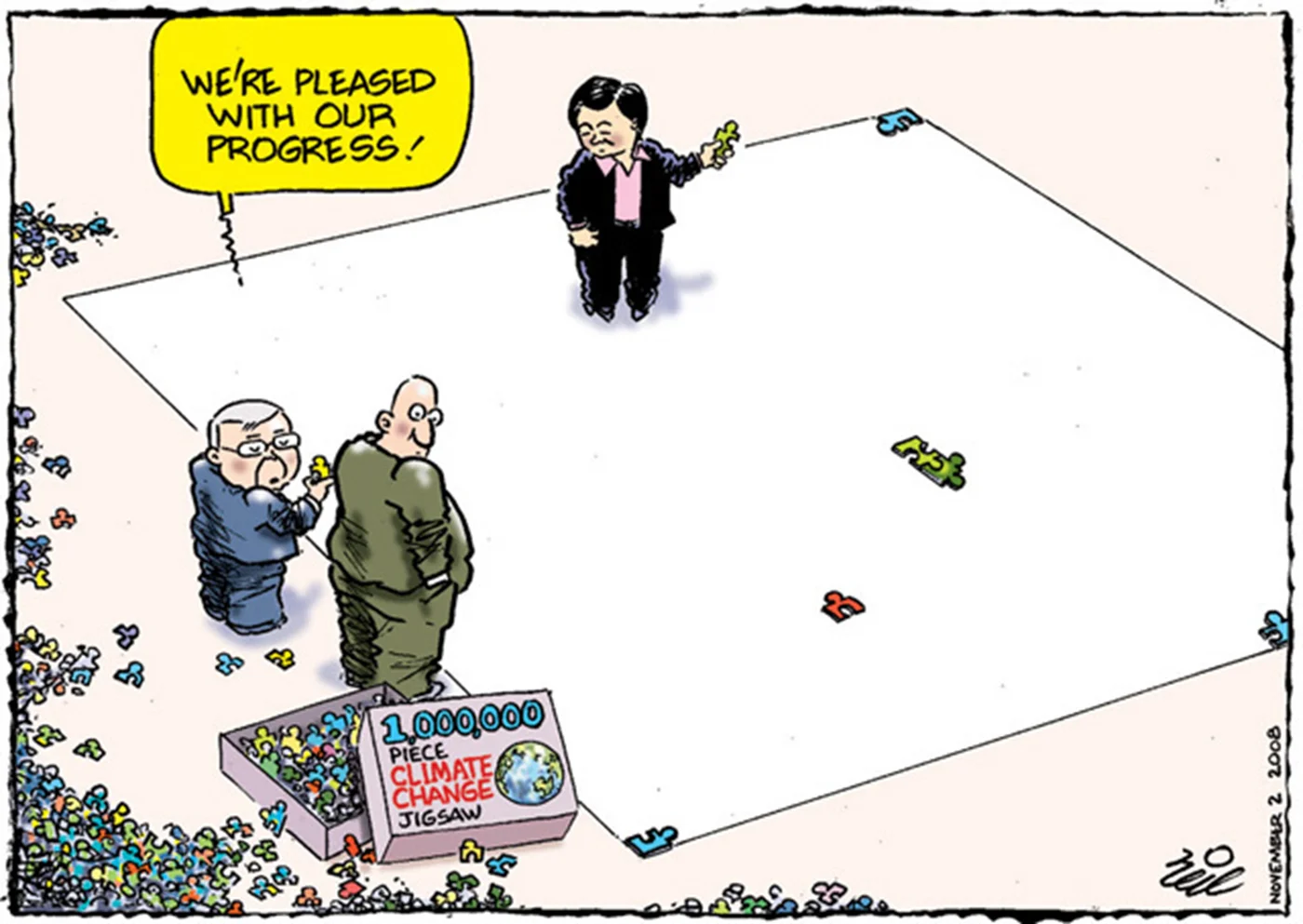 Editorial cartoon showing world leaders standing on a nearly empty giant jigsaw puzzle board, with only a handful of a million pieces placed, saying "We're pleased with our progress!"