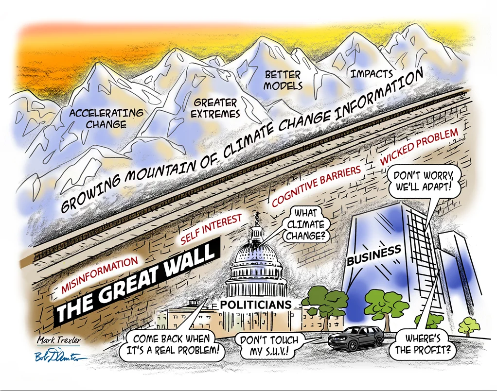 Cartoon titled "The Great Wall," showing a mountain range of climate change information (accelerating change, better models, greater extremes) behind a wall of misinformation, self-interest, and cognitive barriers, with politicians and business figures reluctant to engage